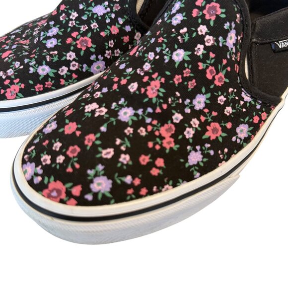 SIZE 8 WOMENS Vans Asher Ditsy Floral Black White Pink Slip-On Sneakers - Picture 2 of 10